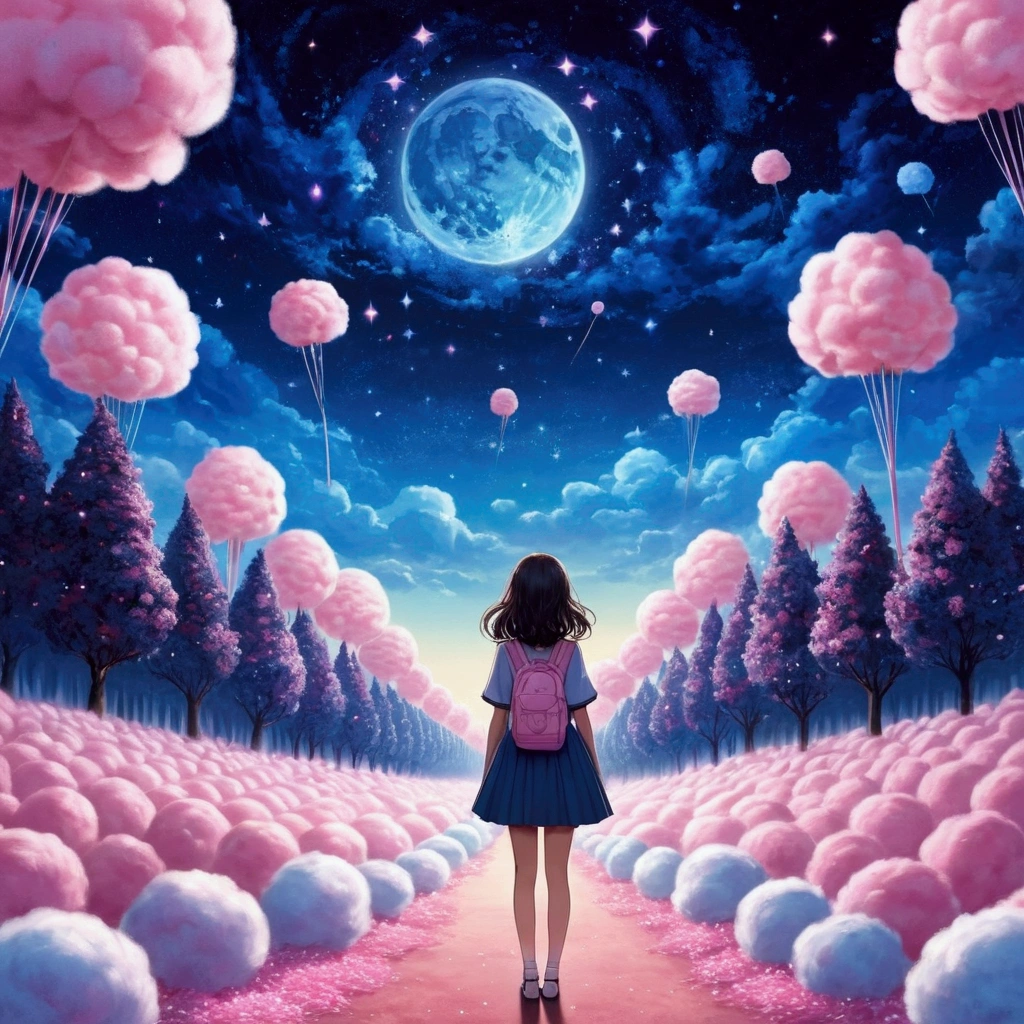 A starry night surrounded by cotton candy, Cotton Candy Forest, Girl, Anime Style