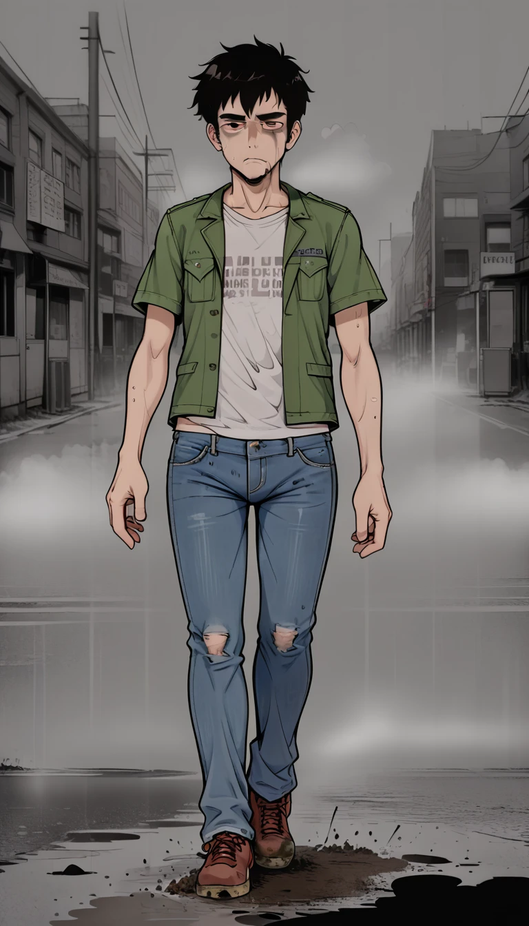 (zPDXL2), score_9_up, source_anime, 2D, flat color, BREAK
1man, solo, fullbody, (male, 40 years, stub), short messy black hair, brown eyes, (pale skin, drug addict, tired face), (walking, look to camera, centered pose), (deep dark fog, deep mist, mystery atmosphere), (dirt t-shirt, jeans, green jacket), heavy atmosphere, colored background, lineart, (monochrome clothes and character:0.9), BREAK
AissistXLv2, unaestheticXL_bp5, SimplePositiveXLv2, zPDXL2 PonyXLV6_Scores