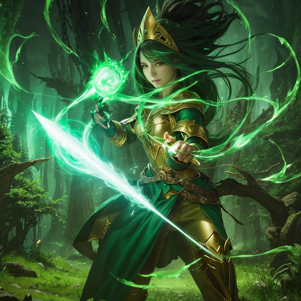 A powerful spell that creates a magical protective barrier., A woman who uses green magic to summon a magical shield is perfect for a fantasy world..