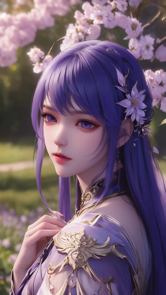 (best quality,ultra-detailed,photorealistic:1.37),vivid colors,studio lighting,beautiful detailed eyes,beautiful detailed lips,extremely detailed eyes and face,long eyelashes,portraits, purple hair,confident expression,feminine,standing in a garden,soft sunlight, scenery,flower blossoms,peaceful atmosphere,artistic touch,textured brushstrokes,subtle color variations,brilliant white highlights,delicate movements,graceful pose,slight breeze,rustling leaves,sophisticated style,professional artwork,female beauty.