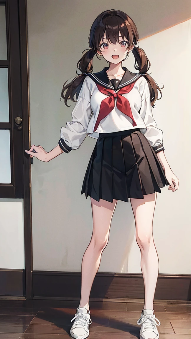 High resolution, High resolution,2D Anime Style,,Cool woman,Mature,,Beautiful thighs,20th Generation,Brown Hair,Side twin tail, Brown eyes,Sailor suit, Black Skirt,Brown sneakers, He is laughing a little,whole body,Inside the room,