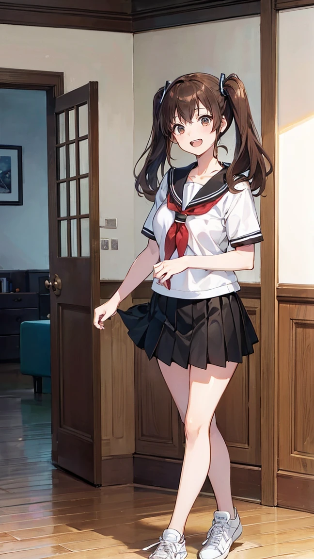 High resolution, High resolution,2D Anime Style,,Cool woman,Mature,,Beautiful thighs,20th Generation,Brown Hair,Side twin tail, Brown eyes,Sailor suit, Black Skirt,Brown sneakers, He is laughing a little,whole body,Inside the room,