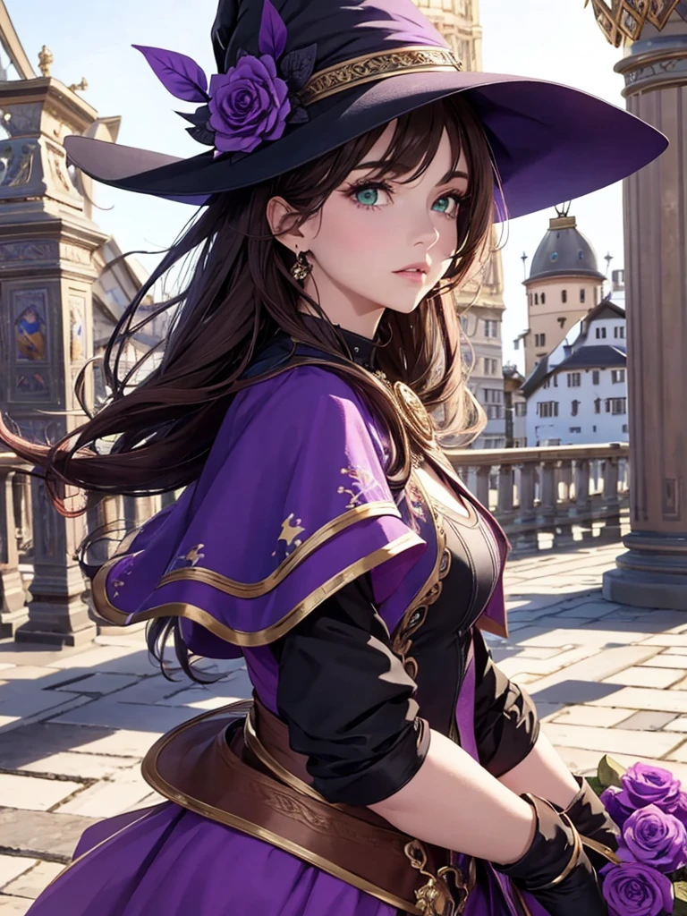 Beautiful girl, Perfect Face, Arms at your sides, masterpiece, Ultra-high resolution, high quality, 4K, Upper Body:1.5, Lisa (Genshin Impact), urple witch hat, Green Eyes, Brown Hair, (Pure Eros Face_v1:0.008), (Europe:1.6), bangs, dress, Rose, jewelry, witch, Capelet, Purple hat, Black gloves, Purple Flower, Hair between the eyes, purple Rose, Lips parted, purple Capelet, Hat Flower, multicolored dress, hair ornaments, windmill, From the side,