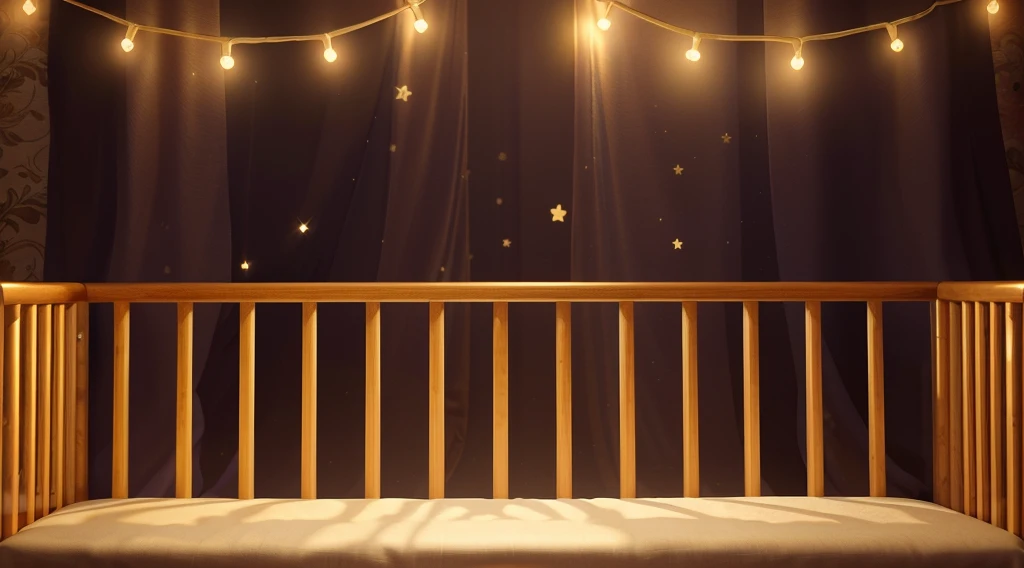 This image portrays a cozy and whimsical scene within a child's crib. The crib, with its warm orange and yellow wooden bars, stands against a vibrant backdrop of deep purple curtains adorned with stars. Strung across the top are charming yellow fairy lights, adding a magical and soothing ambiance. The crib bedding is a plush golden blanket, inviting and soft, suggesting a comfortable and secure resting place for a . This setting exudes a sense of warmth and safety, ideal for a child's imaginative and peaceful slumber. аffects render, (glossy plastic texture with multiple big light probe refractions), perfect cgi, smooth silhouette, high intensity refraction, (super glossy plastic material), most beautiful vfx, , realistic, 4k, high resolution, rim light, smooth 3d model, multiple light sources, rim light, sharp post effects render,, realistic, 4k, high resolution, rim light detailed digital art, reflective, best quality, 4k, masterpiece:1.2, ultra-detailed, realistic, vivid colors, The image of the highest quality, ensuring every detail showcased perfectly. It in 4k resolution, allowing viewers to immerse themselves in the richness of the colors and intricate details. The realistic rendering. under the spotlight, reflecting, high-resolution image, realistic rendering