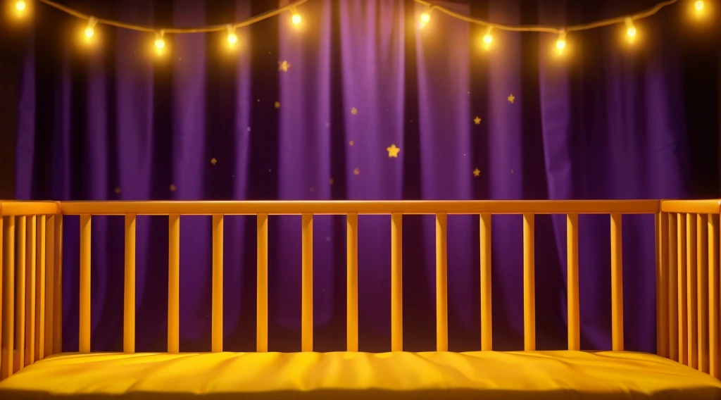 This image portrays a cozy and whimsical scene within a child's crib. The crib, with its warm orange and yellow wooden bars, stands against a vibrant backdrop of deep purple curtains adorned with stars. Strung across the top are charming yellow fairy lights, adding a magical and soothing ambiance. The crib bedding is a plush golden blanket, inviting and soft, suggesting a comfortable and secure resting place for a . This setting exudes a sense of warmth and safety, ideal for a child's imaginative and peaceful slumber. аffects render, (glossy plastic texture with multiple big light probe refractions), perfect cgi, smooth silhouette, high intensity refraction, (super glossy plastic material), most beautiful vfx, , realistic, 4k, high resolution, rim light, smooth 3d model, multiple light sources, rim light, sharp post effects render,, realistic, 4k, high resolution, rim light detailed digital art, reflective, best quality, 4k, masterpiece:1.2, ultra-detailed, realistic, vivid colors, The image of the highest quality, ensuring every detail showcased perfectly. It in 4k resolution, allowing viewers to immerse themselves in the richness of the colors and intricate details. The realistic rendering. under the spotlight, reflecting, high-resolution image, realistic rendering
