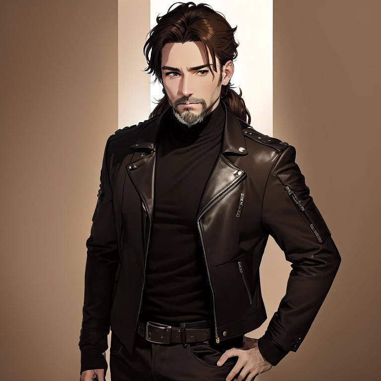((Highest quality)), ((masterpiece)), (detailed), ((One mature male))、(mature male)、(40-year-old male)、A little beard、((A photo showing your thighs to the top of your head))、(Standing straight, facing the camera)、Brown Hair、Iris、low ponytail、(Glaring at the camera)、black biker jacket