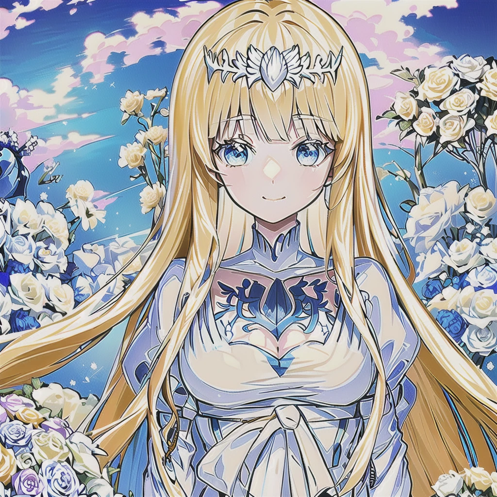 (A masterpiece、Extremely high quality、high picture quality、 standing in beautiful flowery garden、A slight smile,  bouquet、Hair fluttering in the wind, 1girl,solo, calca, blonde hair, ,( extremely long hair:1.2), very long hair, extra long hair, white tiara, white dress, blue eyes,Calca Bessarez, medium breast,Calca, close up, upper body