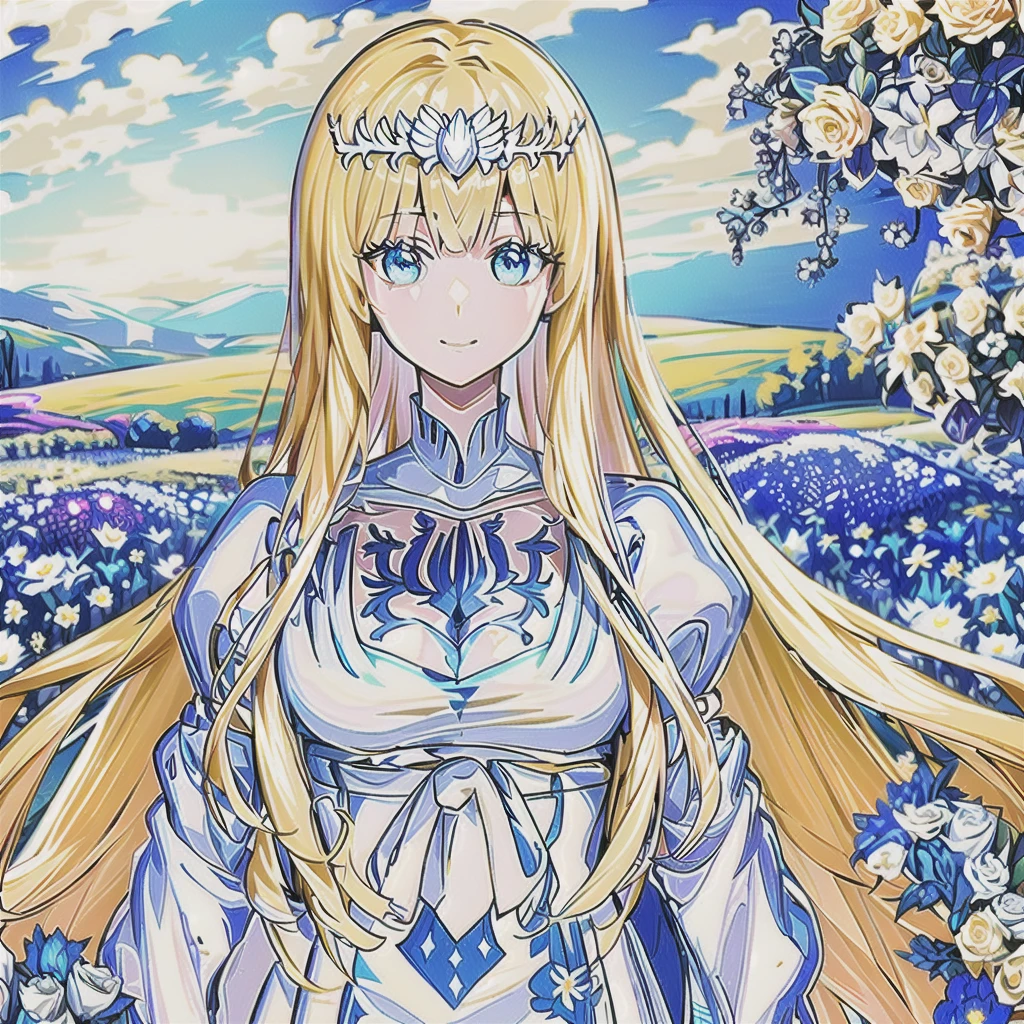 (A masterpiece、Extremely high quality、high picture quality、 standing in beautiful flowery garden、A slight smile, bouquet、Hair fluttering in the wind, 1girl,solo, calca, blonde hair, ,( extremely long hair:1.2), very long hair, extra long hair, white tiara, white dress, blue eyes,Calca Bessarez, medium breast,Calca, close up, upper body