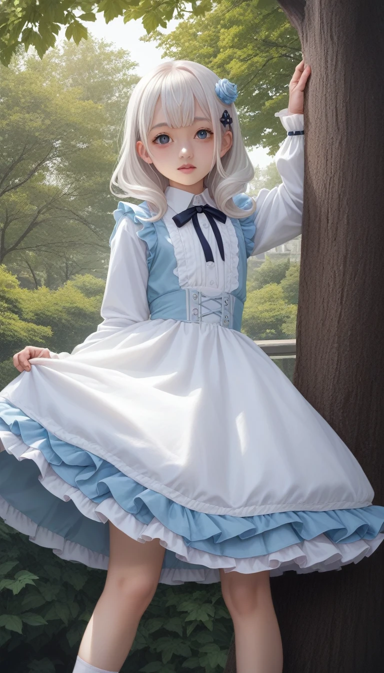 score_9_up, score_8_up, score_7_up, score_6_up, The background is a city, perfect White hair girl, Lolita in a skirt, White hair, White hair god, Cute anime girl in beautiful clothes, Gray Hair, Best Anime 4K Konachan Wallpapers, Little curvy loli, Pixiv ArtStation 上的 guvez, White hair girl, Night Core, Standing on a tree, Looking at the stars, The face is rich in detail