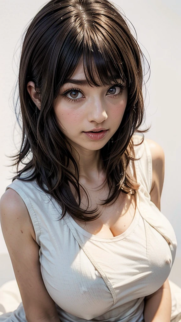 Highest quality, Realistic, 8k, High resolution, 1 girl, woman, (Skin Dentition), (Portraiture: 0.6), nice, (White Background: 1.82)), ((Big round breasts, Sleeveless white T-shirt: 1.75)), Straight Viewer: 1.8, (1 girl Eyes, Medium length hair, Brown Hair, Parted bangs : 1.65), Realistic, (Bokeh), (Mouth closed: 1.46), nice, Pure Eros Face_v1,((Natural big breasts:1.6)),((Upper Body))