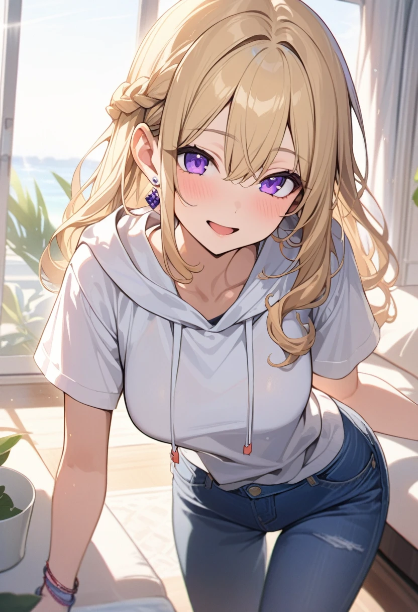 masterpiece, best quality, extremely detailed, ultra detailed, flat anime, 2D,
1girl, (young adult:1.2),blonde hair, (semi-long hair:1.2), curly hair, french braid, medium breasts, purple eyes, tsurime, height 1.7meters, 
white hooded sweatshirt, jeans,  earring,bracelet, long sleeves,socks,
open mouth, smile, Suddenly remember something.,
upper body, portrait, 
summer, livingroom, 12AM., standing