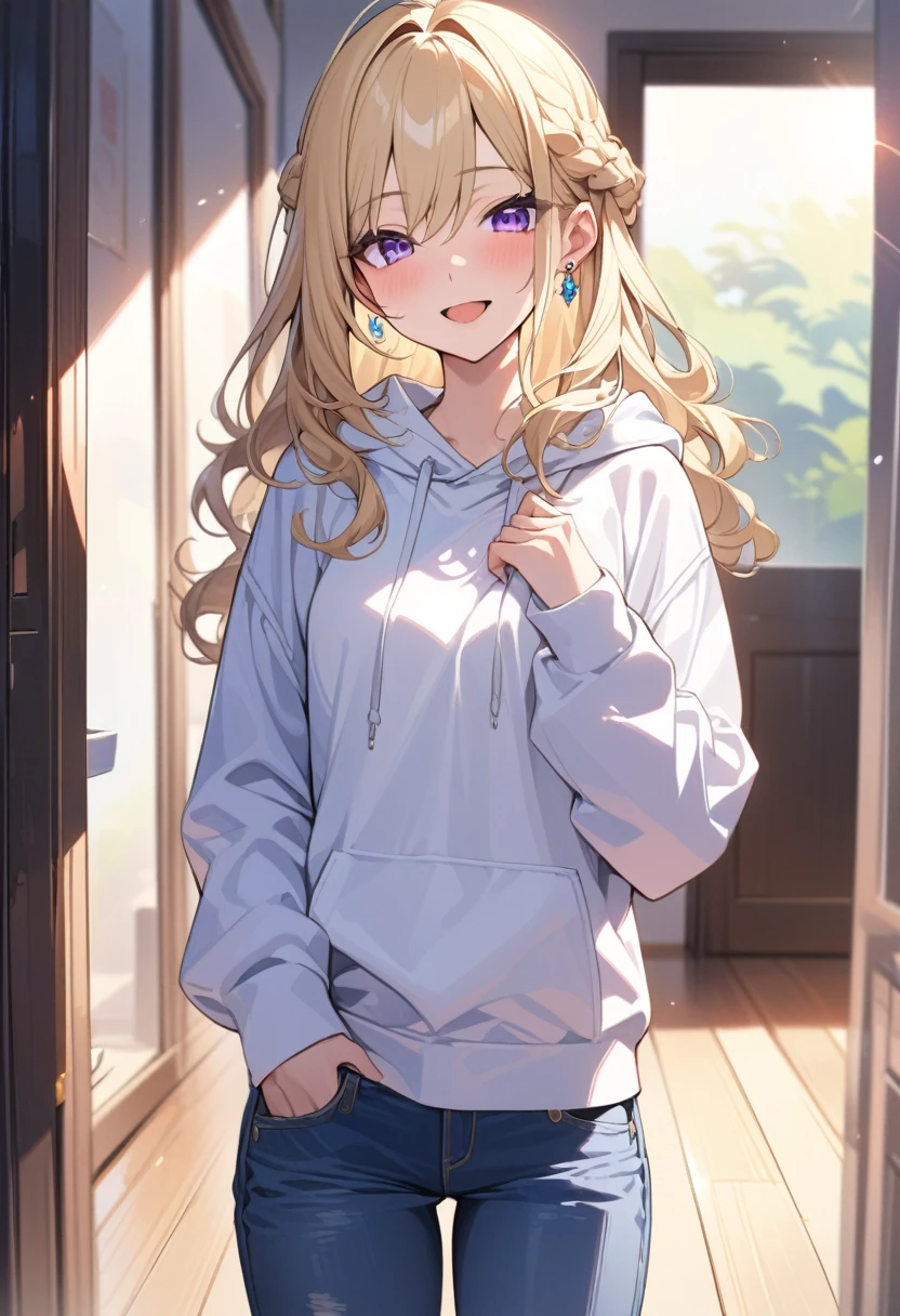 masterpiece, best quality, extremely detailed, ultra detailed, flat anime, 2D,
1girl, (young adult:1.2),blonde hair, (semi-long hair:1.2), curly hair, french braid, medium breasts, purple eyes, tsurime, height 1.7meters,
white hooded sweatshirt, jeans, earring,bracelet, long sleeves,socks,
open mouth, smile, Suddenly remember something.,
upper body, portrait,
summer, livingroom, 12AM., standing