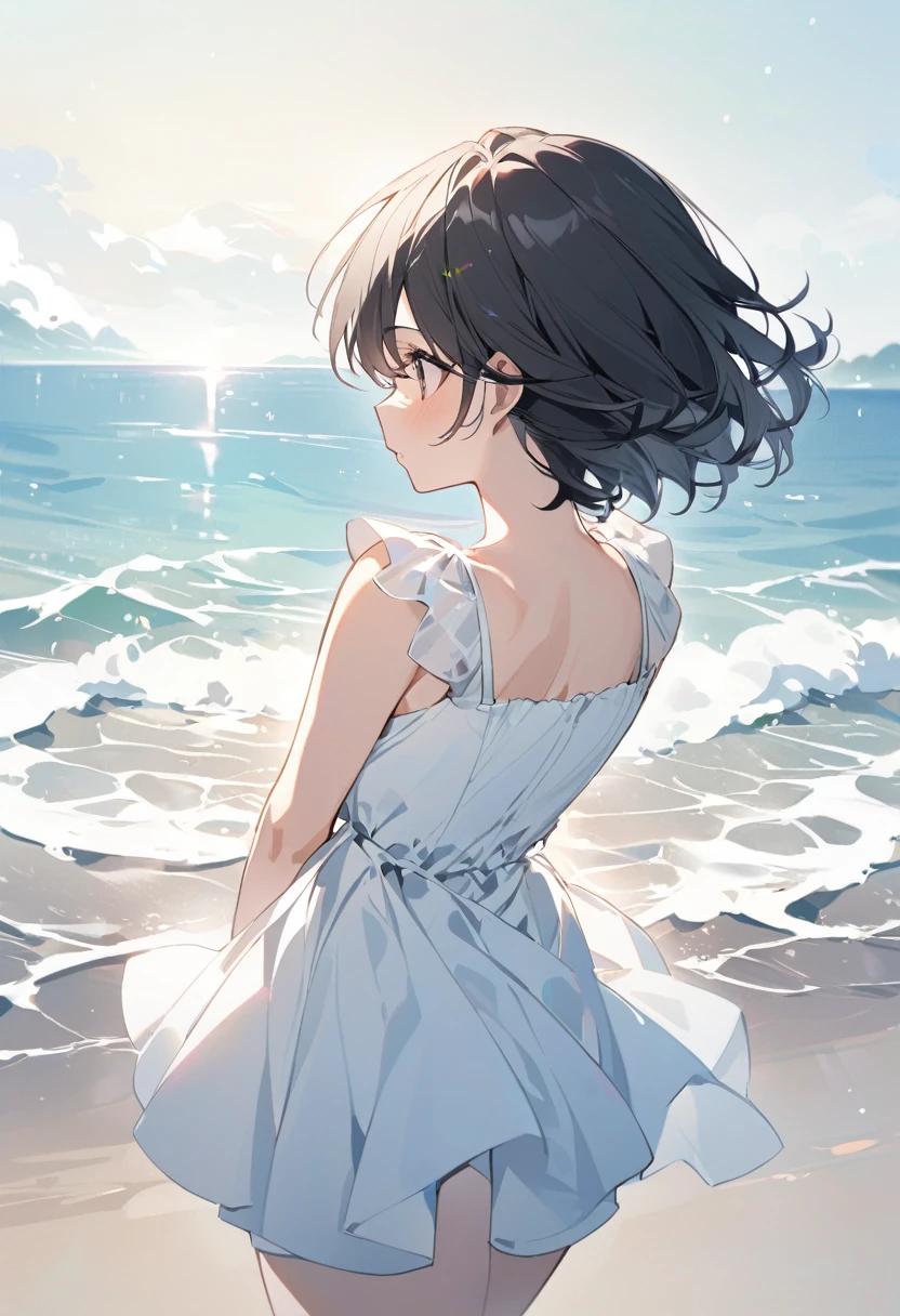 Back view of a girl with short black hair、White simple dress、Seaside
