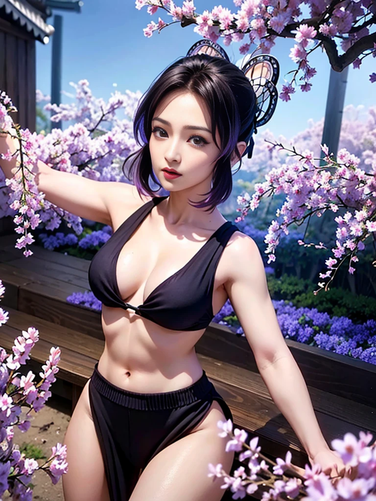 Realistic, Super detailed, High resolution, highest quality, Super detailedな,1 Female , Official Art, unity 8k wallpaper, Super detailed, beautiful and aesthetic, beautiful, masterpiece,( Super busty breasts:1.8,Small waist)、Glowing Skin,masterpiece, wonderful, (CG illustration),Asian, Ultra-realistic textured face and skin、Accurate anatomy、samurai、Colorful armor、Radiation Hair, bangs,Short Bob、((samurai))、sword,Facial details、Dynamic Pose、Dynamic Action、Dynamic Angle、Detailed Background、Wisteria flower、In combat、duel、Degrees of Freedom:1.3