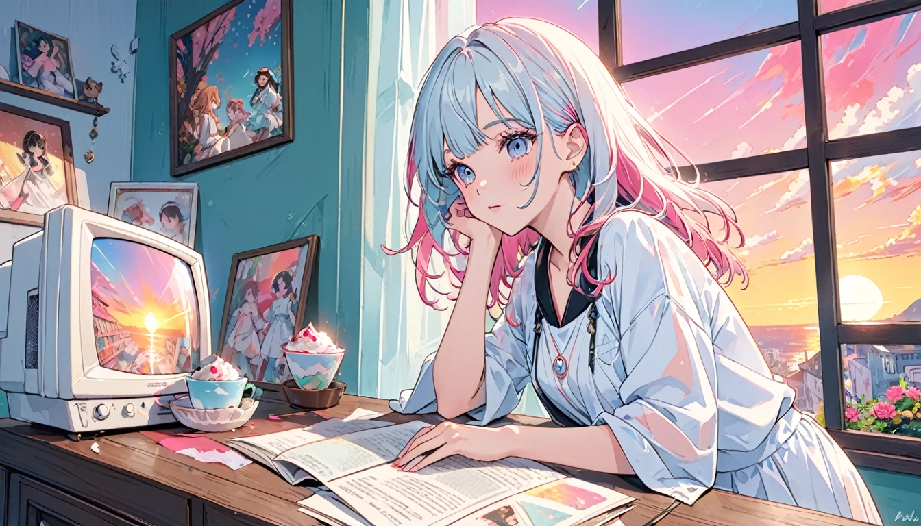 (masutepiece:1.5, best quality:1.5), ((estilo vaporwave, partially coloring)), Close-up, De cima, cinematic angle, (((baunilha))), 1girl em, sozinho, sorriso bonito, (segure um sorvete de baunilha), jewelry decoration, cabelos longos, em uma sorveteria, doll mess, Vida decadente, sunset outside the window, rua fora da janela, sunset outside the window, Music album covers