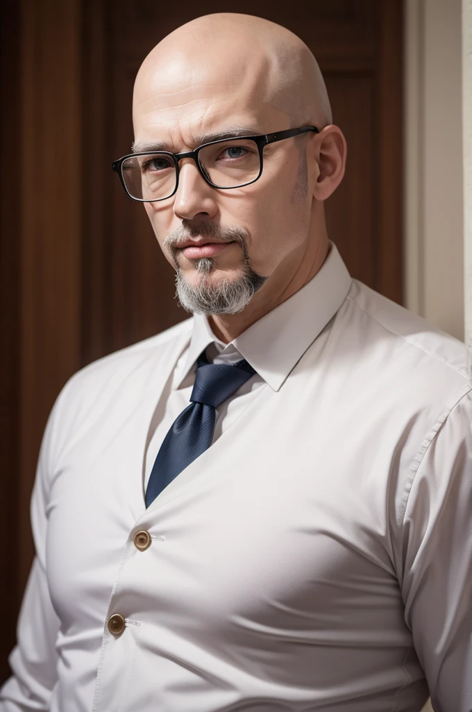 Tall white man with glasses bald with goatee 
