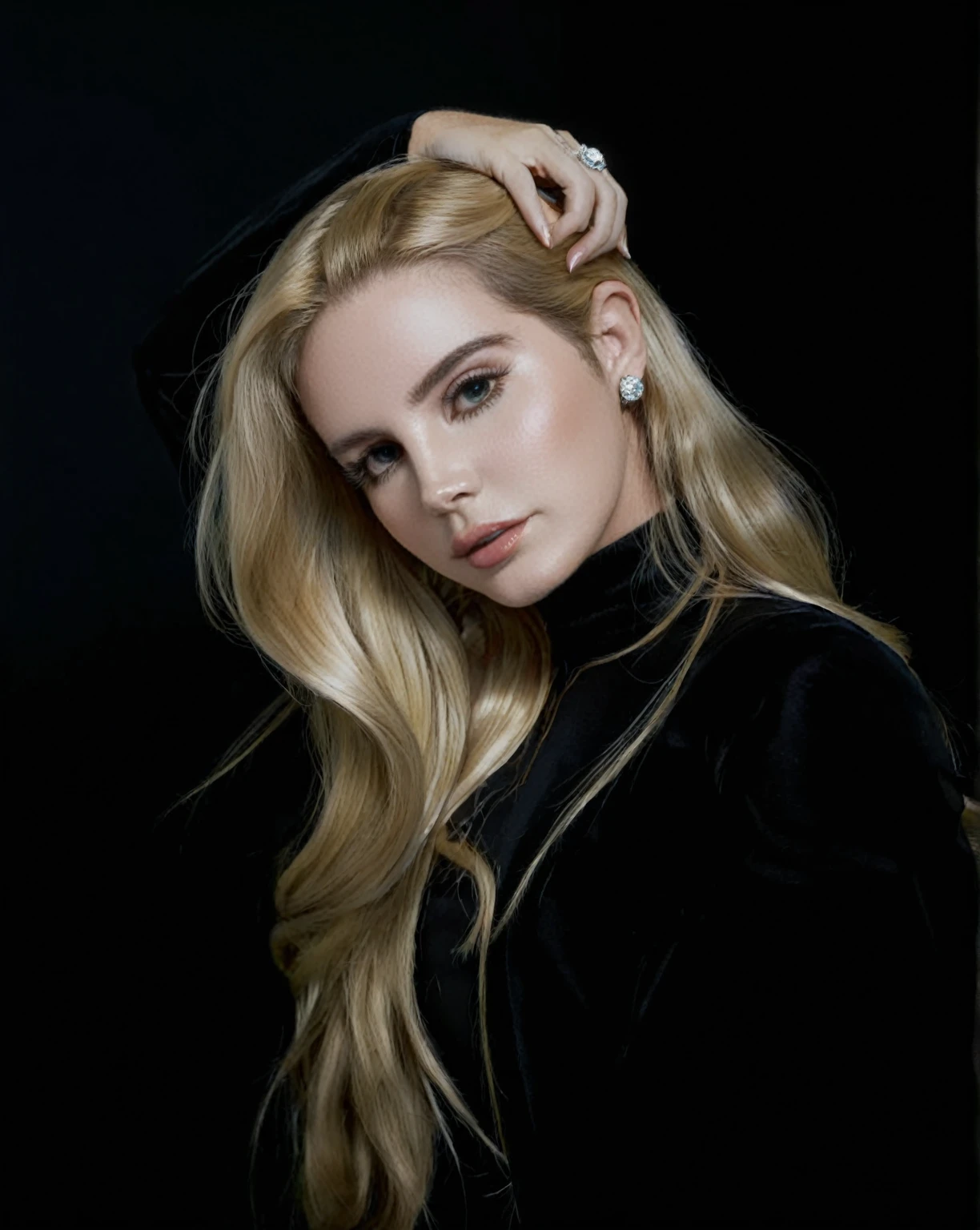 a woman with long blonde hair wearing a black top and hand in her hair, portrait of lana del rey, Portrait of woman, 