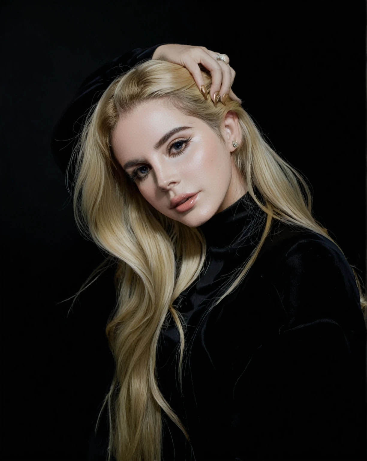 a woman with long blonde hair wearing a black top and hand in her hair, portrait of lana del rey, Portrait of woman, 