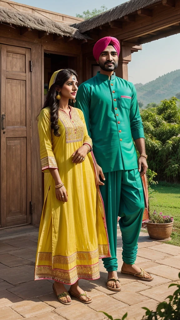 Create an image of a Punjabi couple dressed in traditional attire. The man should be wearing a colorful kurta-pajama with a turban, and the woman should be in a vibrant salwar kameez with a dupatta. They should be standing together in a scenic Punjabi village with lush green fields in the background, and perhaps a traditional house or a tractor nearby.