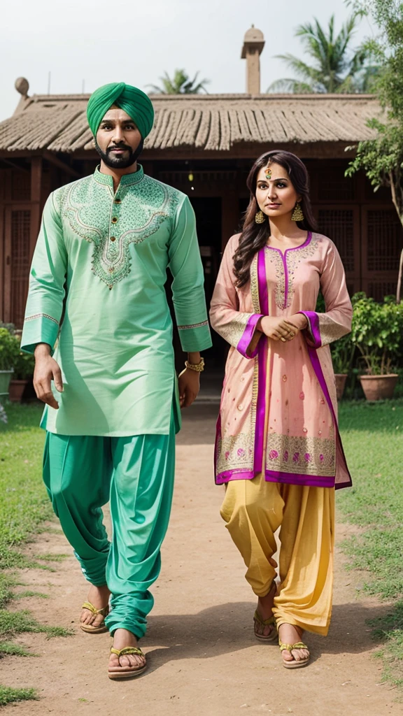 Create an image of a Punjabi couple dressed in traditional attire. The man should be wearing a colorful kurta-pajama with a turban, and the woman should be in a vibrant salwar kameez with a dupatta. They should be standing together in a scenic Punjabi village with lush green fields in the background, and perhaps a traditional house or a tractor nearby.