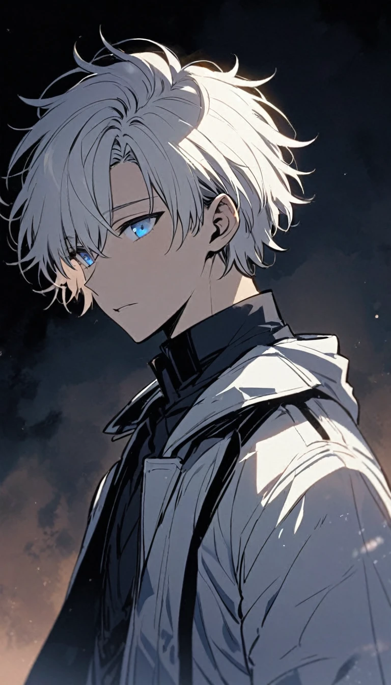 Handsome, solo, male, short hair, soft boy, young, white hair, blue eyes, black and white coat