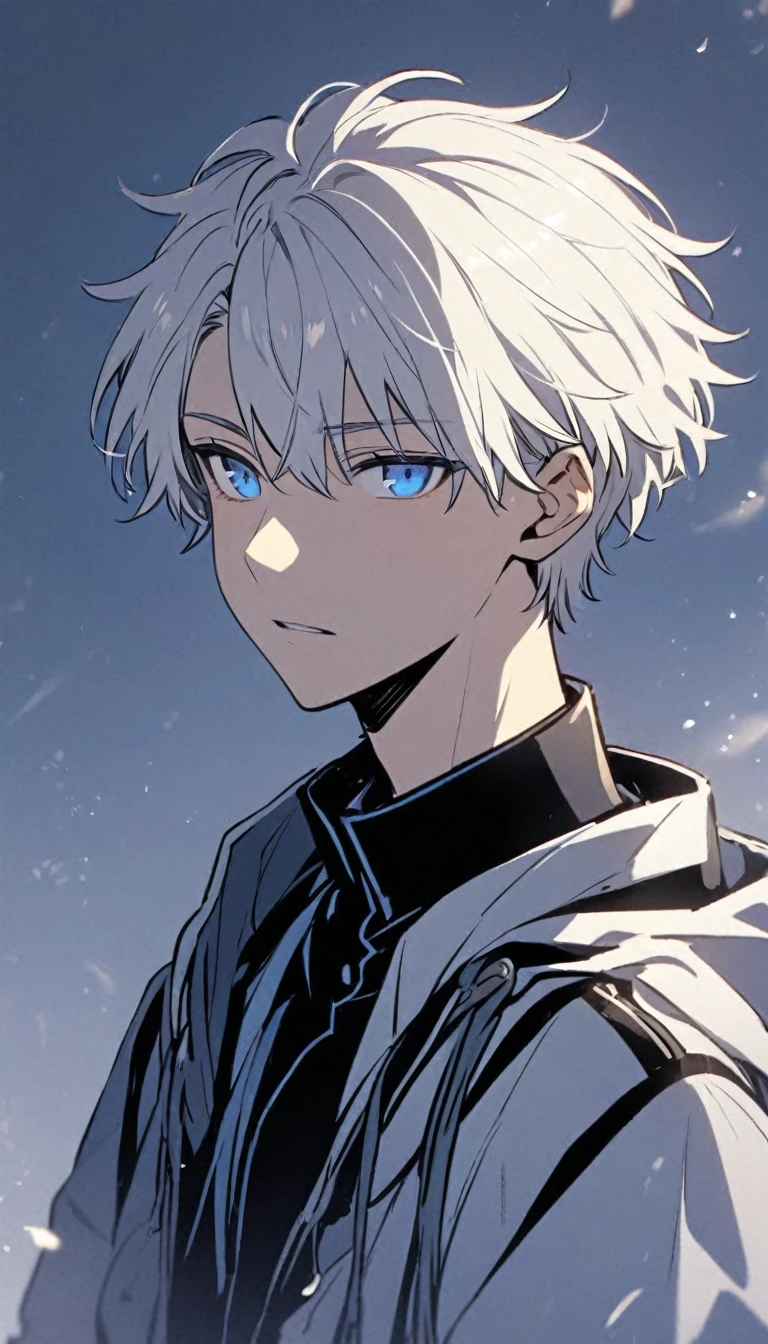 Handsome, solo, male, short hair, soft boy, young, white hair, blue eyes, black and white coat