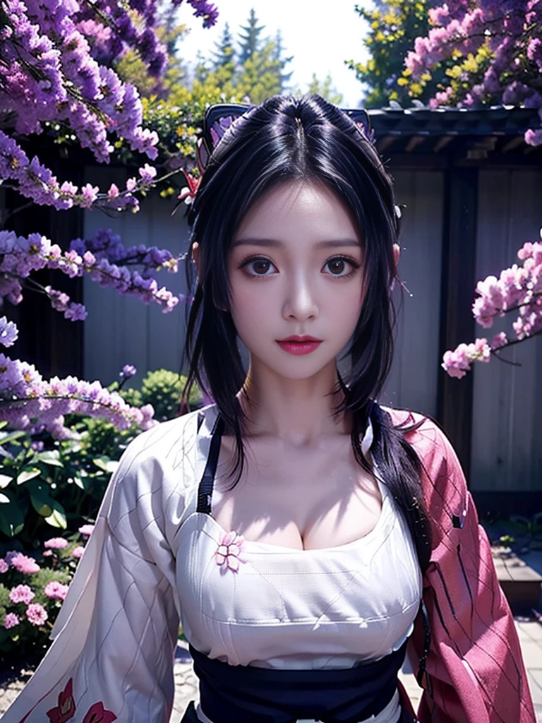 Realistic, Super detailed, High resolution, highest quality, Super detailedな,1 Female , Official Art, unity 8k wallpaper, Super detailed, beautiful and aesthetic, beautiful, masterpiece,( Super busty breasts:1.8,Small waist)、Glowing Skin,masterpiece, wonderful, (CG illustration),Asian, Ultra-realistic textured face and skin、Accurate anatomy、samurai、Colorful armor、Radiation Hair, bangs,Short Bob、((samurai))、sword,Facial details、Dynamic Pose、Dynamic Action、Dynamic Angle、Detailed Background、Wisteria flower、In combat、duel、Degrees of Freedom:1.3