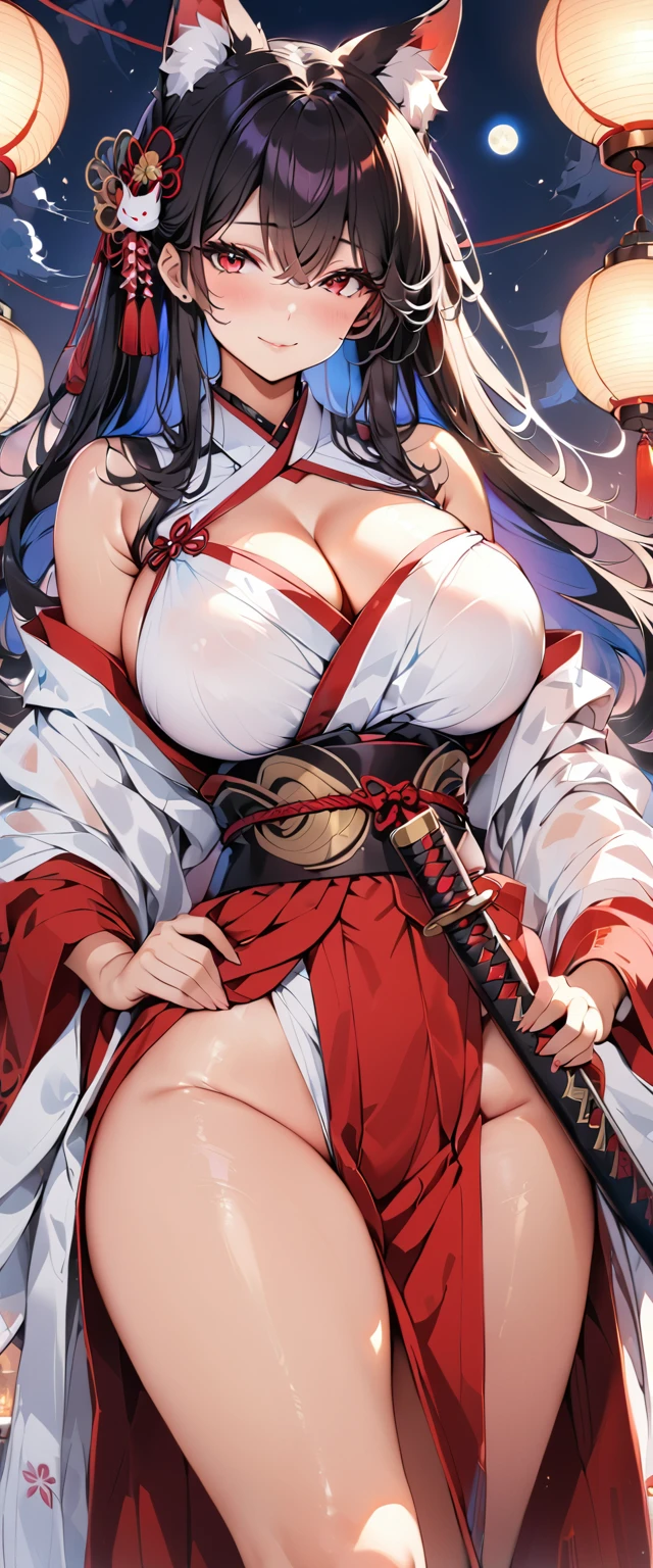 (Highest quality),(masterpiece), 8k,Very detailed, Detailed light, Best Shadow,Detailed reflective eyes, Beautiful Eyes, Very detailedな顔,Shiny Hair,sexy,Big Breasts,Charm,One person,Gloss,Black Hair,,Inner hair color red,Red eyes,Nine-Tailed Fox,Animal ears,kimono,Miko costume,enchanting,Blushing,full moon,Glass Art,Enchanting,Japanese sword,Empty sheath on right hip,Demon Sword,