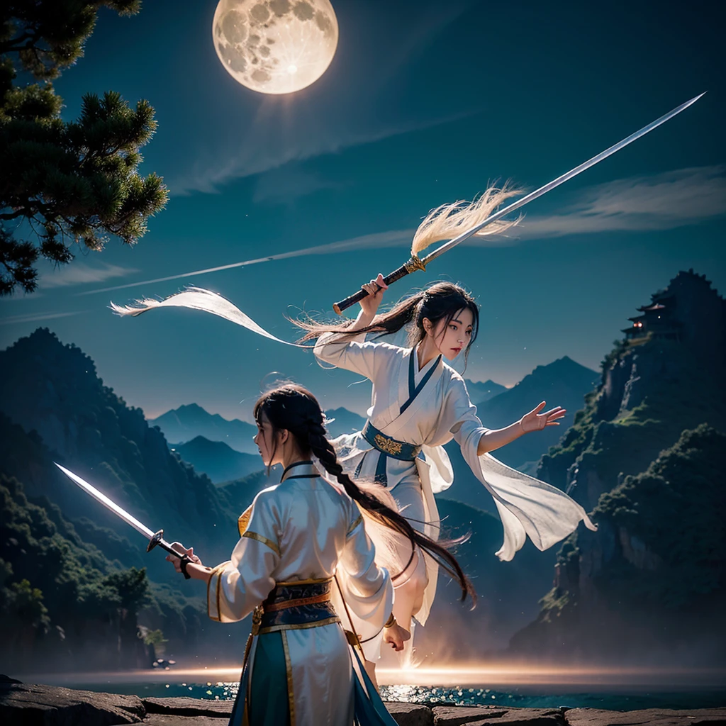 The creation of the Chinese Classic of Mountains and Seas style is like the puppet show characters in TV movies, Hollywood fight scenes, Hanfu martial arts drama, six major characters appearing with glowing bodies, super congenital people, six people, six roles, six duels, meditating, and killing in the stunning martial arts world. image, This sword, halberd, tactics, spells, magic art, flying around requires a dreamy fairy-like showdown with lighting scenes, a battle on the road of no return, The Swordsman, The Legend of the Condor Heroes, The Legend of the Condor Heroes, The Legend of the Condor Heroes, The Full Moon Scimitar.