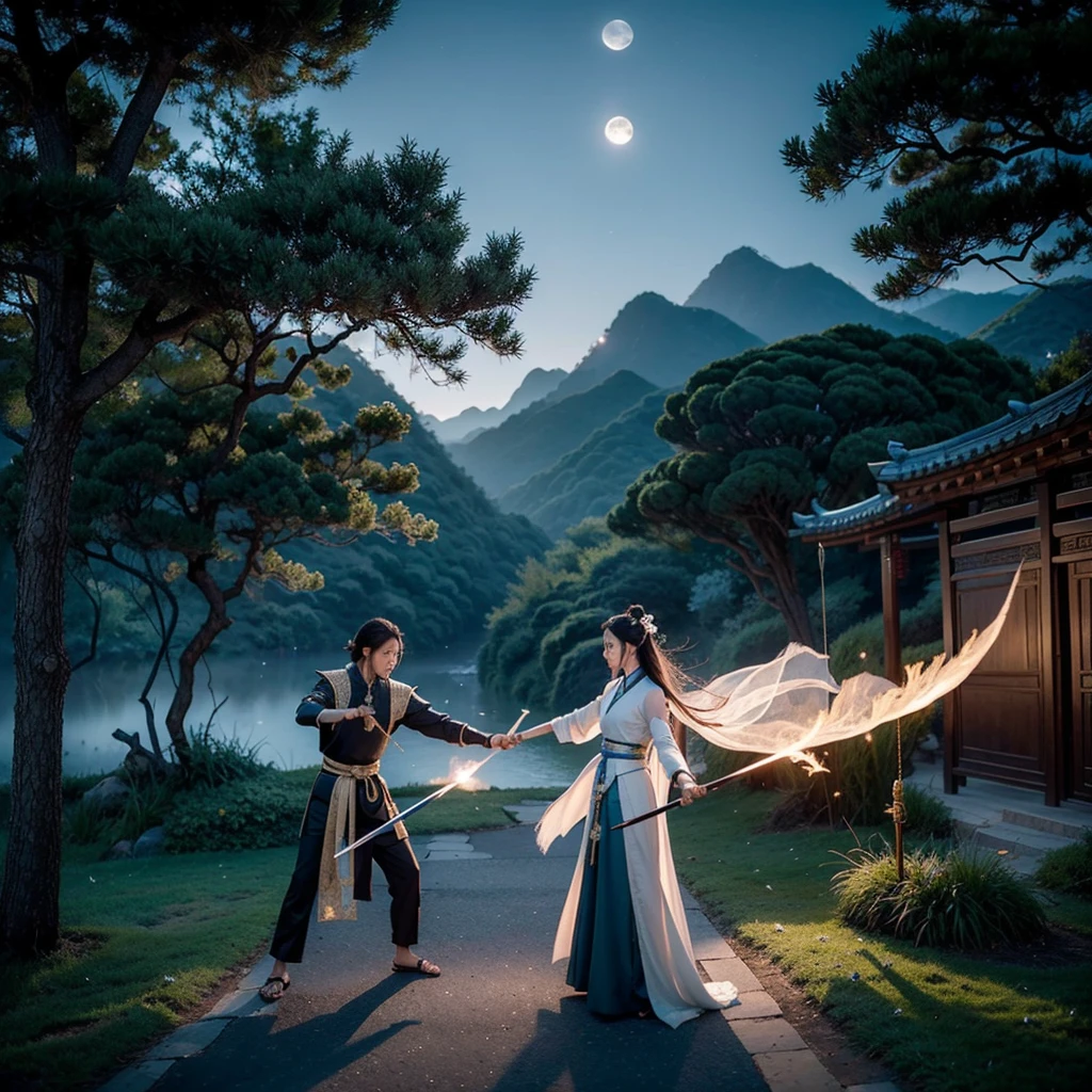 The creation of the Chinese Classic of Mountains and Seas style is like the puppet show characters in TV movies, Hollywood fight scenes, Hanfu martial arts drama, six major characters appearing with glowing bodies, super congenital people, six people, six roles, six duels, meditating, and killing in the stunning martial arts world. image, This sword, halberd, tactics, spells, magic art, flying around requires a dreamy fairy-like showdown with lighting scenes, a battle on the road of no return, The Swordsman, The Legend of the Condor Heroes, The Legend of the Condor Heroes, The Legend of the Condor Heroes, The Full Moon Scimitar.