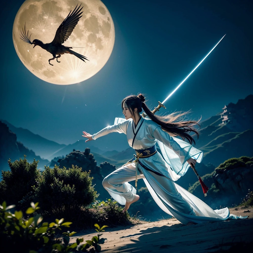 The creation of the Chinese Classic of Mountains and Seas style is like the puppet show characters in TV movies, Hollywood fight scenes, Hanfu martial arts drama, six major characters appearing with glowing bodies, super congenital people, six people, six roles, six duels, meditating, and killing in the stunning martial arts world. image, This sword, halberd, tactics, spells, magic art, flying around requires a dreamy fairy-like showdown with lighting scenes, a battle on the road of no return, The Swordsman, The Legend of the Condor Heroes, The Legend of the Condor Heroes, The Legend of the Condor Heroes, The Full Moon Scimitar.