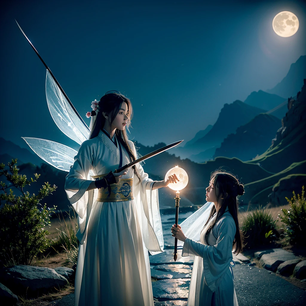 The creation of the Chinese Classic of Mountains and Seas style is like the puppet show characters in TV movies, Hollywood fight scenes, Hanfu martial arts drama, six major characters appearing with glowing bodies, super congenital people, six people, six roles, six duels, meditating, and killing in the stunning martial arts world. image, This sword, halberd, tactics, spells, magic art, flying around requires a dreamy fairy-like showdown with lighting scenes, a battle on the road of no return, The Swordsman, The Legend of the Condor Heroes, The Legend of the Condor Heroes, The Legend of the Condor Heroes, The Full Moon Scimitar.