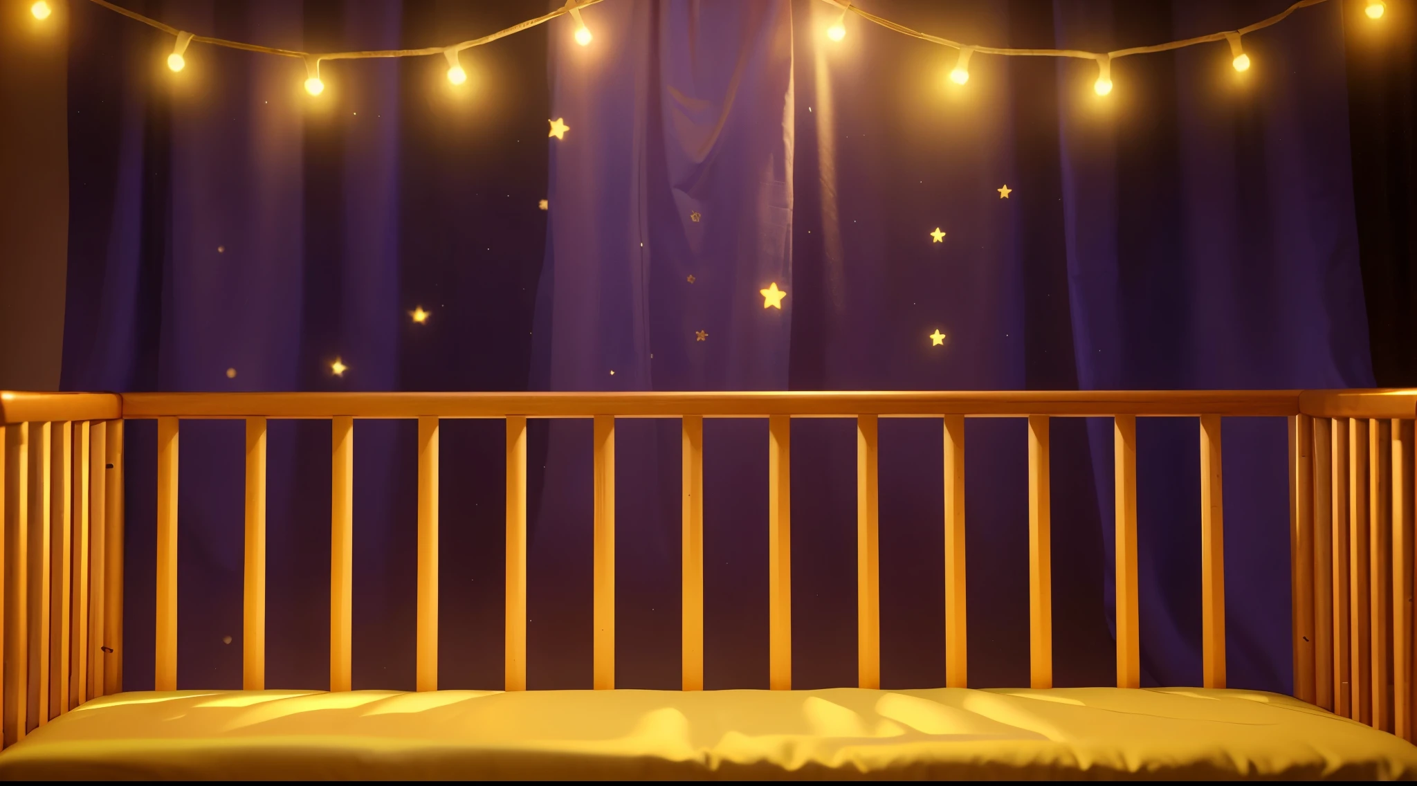 This image portrays a cozy and whimsical scene within a child's crib. The crib, with its warm orange and yellow wooden bars, stands against a vibrant backdrop of deep purple curtains adorned with stars. Strung across the top are charming yellow fairy lights, adding a magical and soothing ambiance. The crib bedding is a plush golden blanket, inviting and soft, suggesting a comfortable and secure resting place for a . This setting exudes a sense of warmth and safety, ideal for a child's imaginative and peaceful slumber. аffects render, (glossy plastic texture with multiple big light probe refractions), perfect cgi, smooth silhouette, high intensity refraction, (super glossy plastic material), most beautiful vfx, , realistic, 4k, high resolution, rim light, smooth 3d model, multiple light sources, rim light, sharp post effects render,, realistic, 4k, high resolution, rim light detailed digital art, reflective, best quality, 4k, masterpiece:1.2, ultra-detailed, realistic, vivid colors, The image of the highest quality, ensuring every detail showcased perfectly. It in 4k resolution, allowing viewers to immerse themselves in the richness of the colors and intricate details. The realistic rendering. under the spotlight, reflecting, high-resolution image, realistic rendering