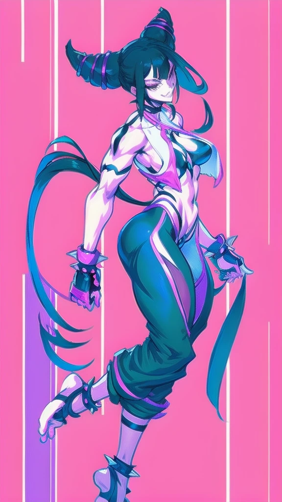 Full body image of Juri Han from Street Fighter 5, wearing her original outfit (black and purple bodysuit with spiked accents, barefoot with taped feet, and arm guards), short black hair styled in twin buns, female body, athletic and flexible body, dynamic pose, detailed pose, simple background, expressive face showing a mischievous grin, focus on face, line art, sketch