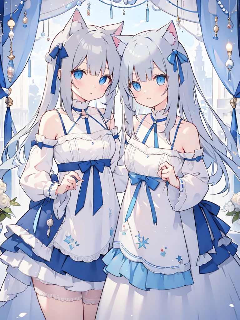 Gray Hair,ribbon,Light blue eyes,Cat ear,Half Twin,,Shoulder Bare