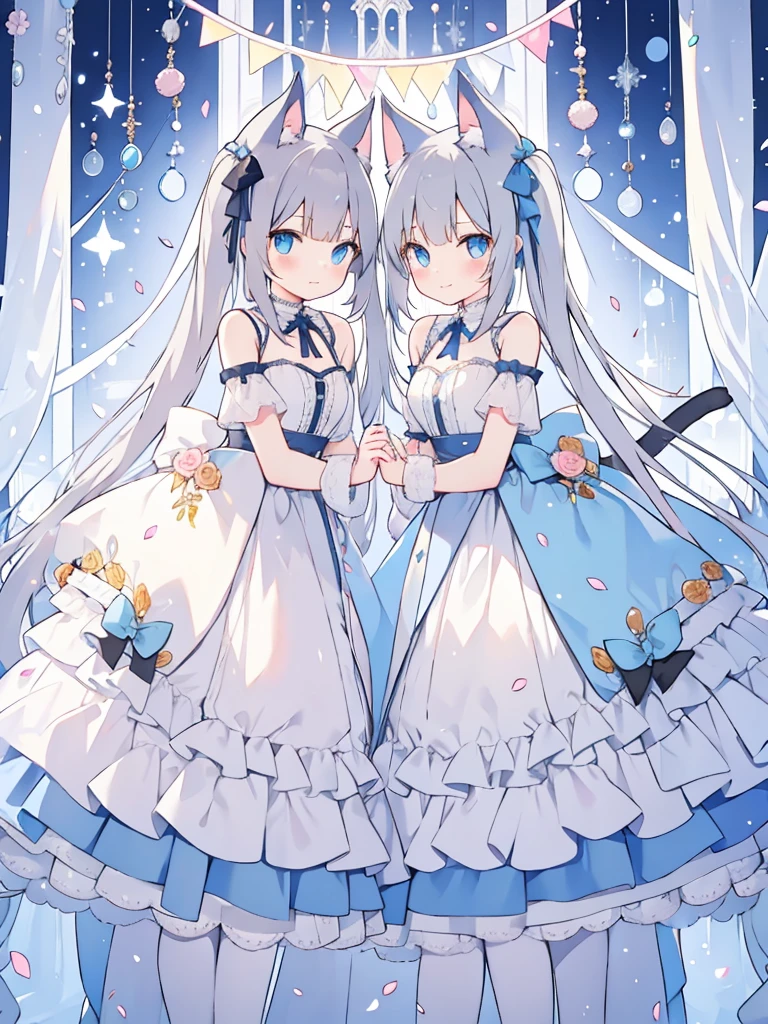 Gray Hair,ribbon,Light blue eyes,Cat ear,Half Twin,,Shoulder Bare