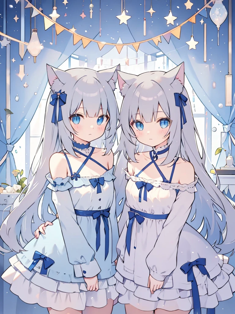 Gray Hair,ribbon,Light blue eyes,Cat ear,Half Twin,,Shoulder Bare