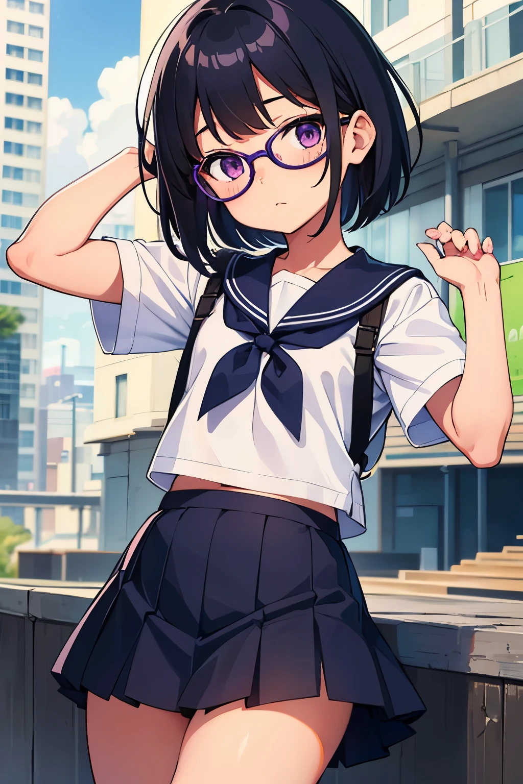 Elementary school girl, 8 years old, toddler Flat chest, black hair, short bob Glasses Purple Eyes (One person) Short-sleeved sailor uniform Navy blue mini skirt White panties ((I can see her panties)) White socks Girl's Room Standing in front of the bookshelf in the room Dynamic Angle Low angle from the front Angle from directly below Centered on the groin