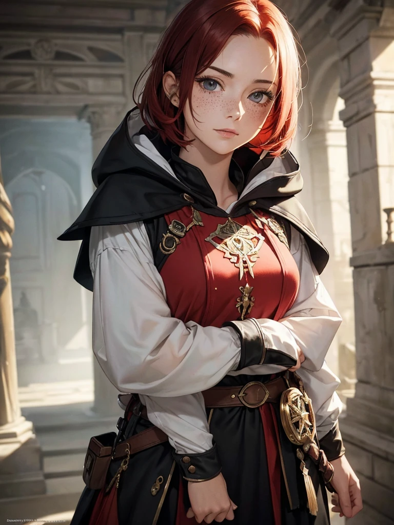 (realistic oil painting, Image up to the waist, 20-year-old princess, Englishman, black eyes, Vibrant appearance, Redhead, short hair), Ezio Auditore Tunic, Hooded, black, brown, red detail, Decorations, Freckles 10% of the zygomatic bones, Perfect Face, Critical Camera, Blurred Background, Warm Light, Garment Details, Strong leftovers, Mystery Pose