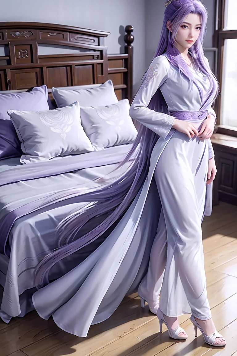 Chinese purple cheongsam，Long legs，In the bedroom，full-body shot，Wearing purple high heels