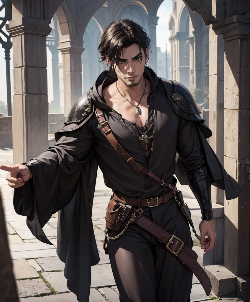 score_9, score_8_up, score_8,  (((Single character image.))) (((1boy))) (((Dressed in medieval fantasy attire.)))   (((This male character is sexy and virile.))) Generate a sinister male character for a dark fantasy setting.  Dressed in medieval fantasy attire for a dark fantasy setting.  Dressed in dark medieval fantasy attire.  This individual is a criminal and a thug and a member of the town's dangerous criminal underworld.  He is attractive and darkly handsome but has a nature to him that seems to be towards crime and the sinister activities that go on.  top quality, best quality, official art, beautiful and aesthetic:1.2), extreme detailed,  colorful, highest detailed,  best quality:1.0,hyperealistic:1.0,photorealistic:1.0,madly detailed CG unity 8k wallpaper:1.0,masterpiece:1.3,madly detailed photo:1.2, hyper-realistic lifelike texture:1.4, picture-perfect:1.0,8k, HQ,best quality:1.0, 