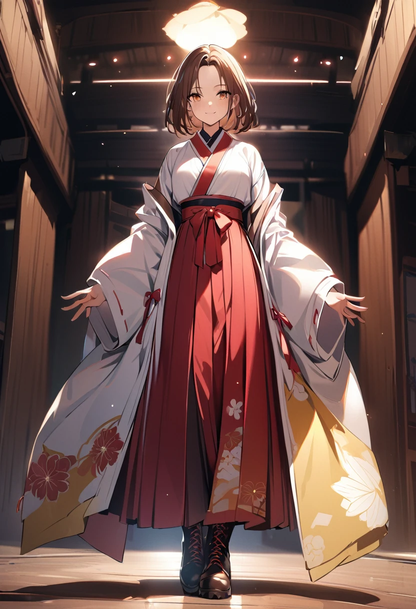 1 girl, bob, center part, forehead, brown hair, piercing, brown eyes, model posing, smile,
BREAK (masterpiece), (high resolution 8K), cinematic lighting, professional lighting, detailed eyes and face, detailed body,
BREAK meiji uniform, hakama, hakama skirt, japanese clothes, kimono, cross-laced footwear, lace-up boots, floral print,