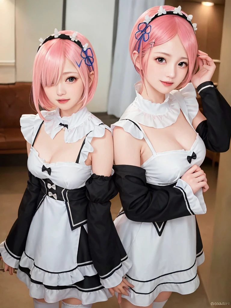 Accurate depiction with high resolution,(8K, Photorealistic, Raw photo, of the highest quality: 1.3), (1girl in), Super beautiful, (Realistic face), (boyish, pink Color Berry Shorthair), Beautiful , Glare that captivates the viewer, Beautiful expression, Beautiful breasts, (Realistic skin), Be...Create a detailed and colorful image of Ram and Rem from Re:Zero, standing back-to-back in their maid outfits, with a magical fantasy background、14years old, two girls,cute, perfect face, beautiful, nice body, gothic lolita clothes, gothic lolita fashion, frilly skirt, headdress, necklace, bracelet, knee-high socks, boots, double eyelids, tear bags, Detailed down to the fingers, photo-like description, indoors, dim indoor lighting, one girl is pink hair and short bob, another girl is light blue hair and short bob,standing,whole body, composition that shows the whole body, smiling,The Both of them are wearing the same type of maid outfit,Optimal ratio of 4 fingers and 1 thumb,walking