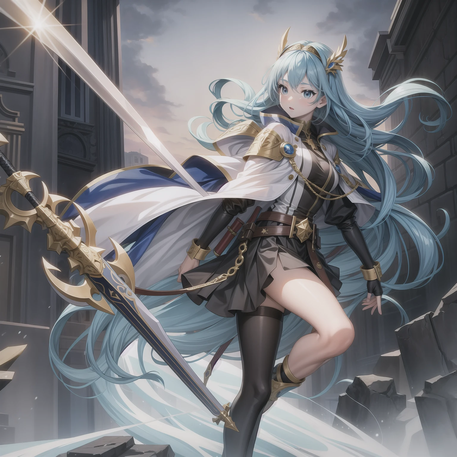 Highest image quality, outstanding details, ultra-high resolution, (realism: 1.4), the best illustration, favor details, highly condensed 1girl, with a delicate and beautiful face, dressed in a blue, wearing a crown, holding a sword,  the background is a high-tech lighting scene of the underwater world, innoncent face