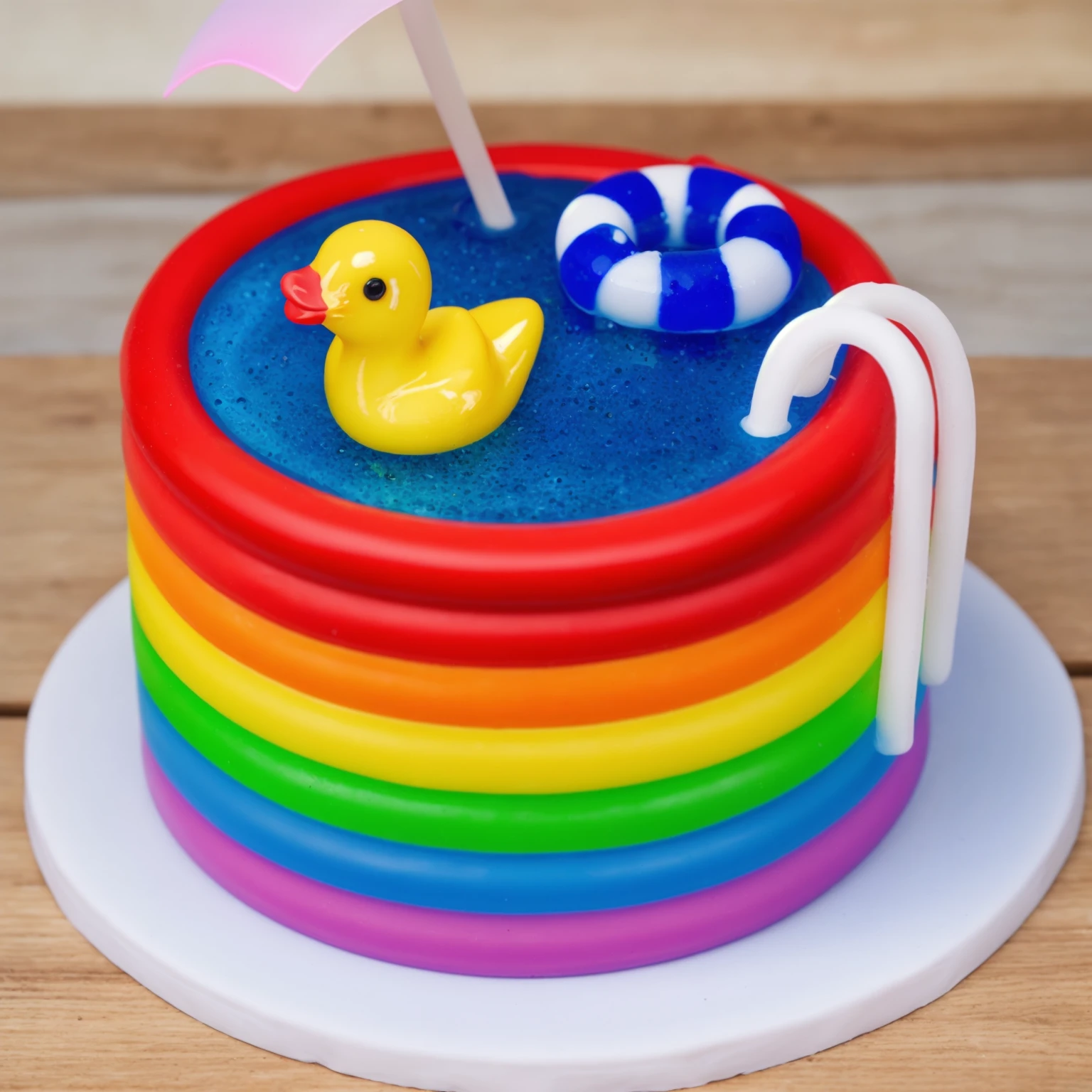 on a wooden table. there is a white plate. rainbow cake IMITATING POOL, RAINBOW STRIPS FROM POLYMER CLAY. blue jelly with bubbles. a plastic duck toy floats on it. nearby is a lifebuoy made of polymer clay, two white railings for the stairs, Beautiful light from the window, contour light, Multiple light sources, beautiful sunlight, Bright light source, bright lighting, beautiful light sources, Multiple light sources, Realistic style , realistic texture, detailed texture, a high resolution, high quality, macro photography
