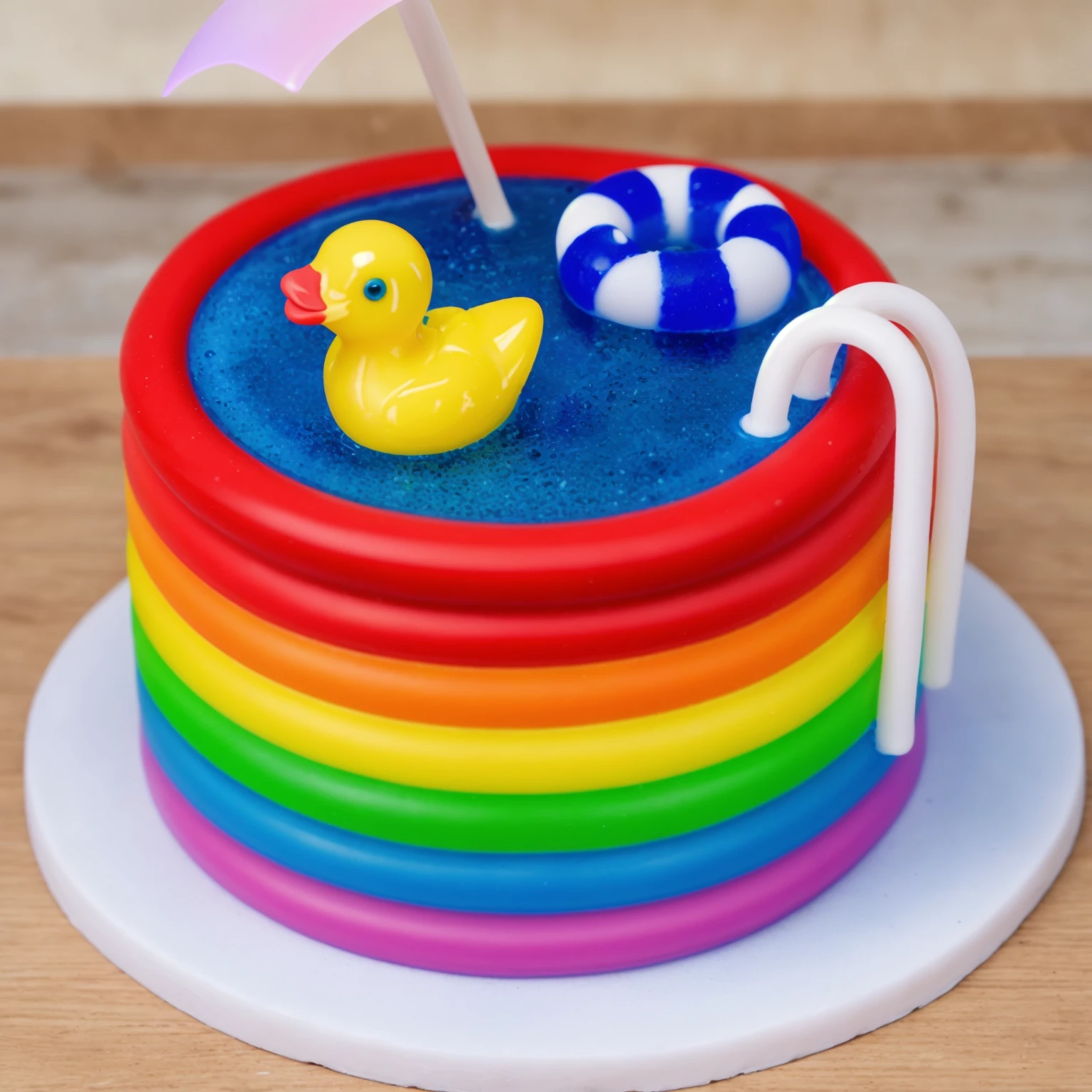 on a wooden table. there is a white plate. rainbow cake IMITATING POOL, RAINBOW STRIPS FROM POLYMER CLAY. blue jelly with bubbles. a plastic duck toy floats on it. nearby is a lifebuoy made of polymer clay, two white railings for the stairs, Beautiful light from the window, contour light, Multiple light sources, beautiful sunlight, Bright light source, bright lighting, beautiful light sources, Multiple light sources, Realistic style , realistic texture, detailed texture, a high resolution, high quality, macro photography