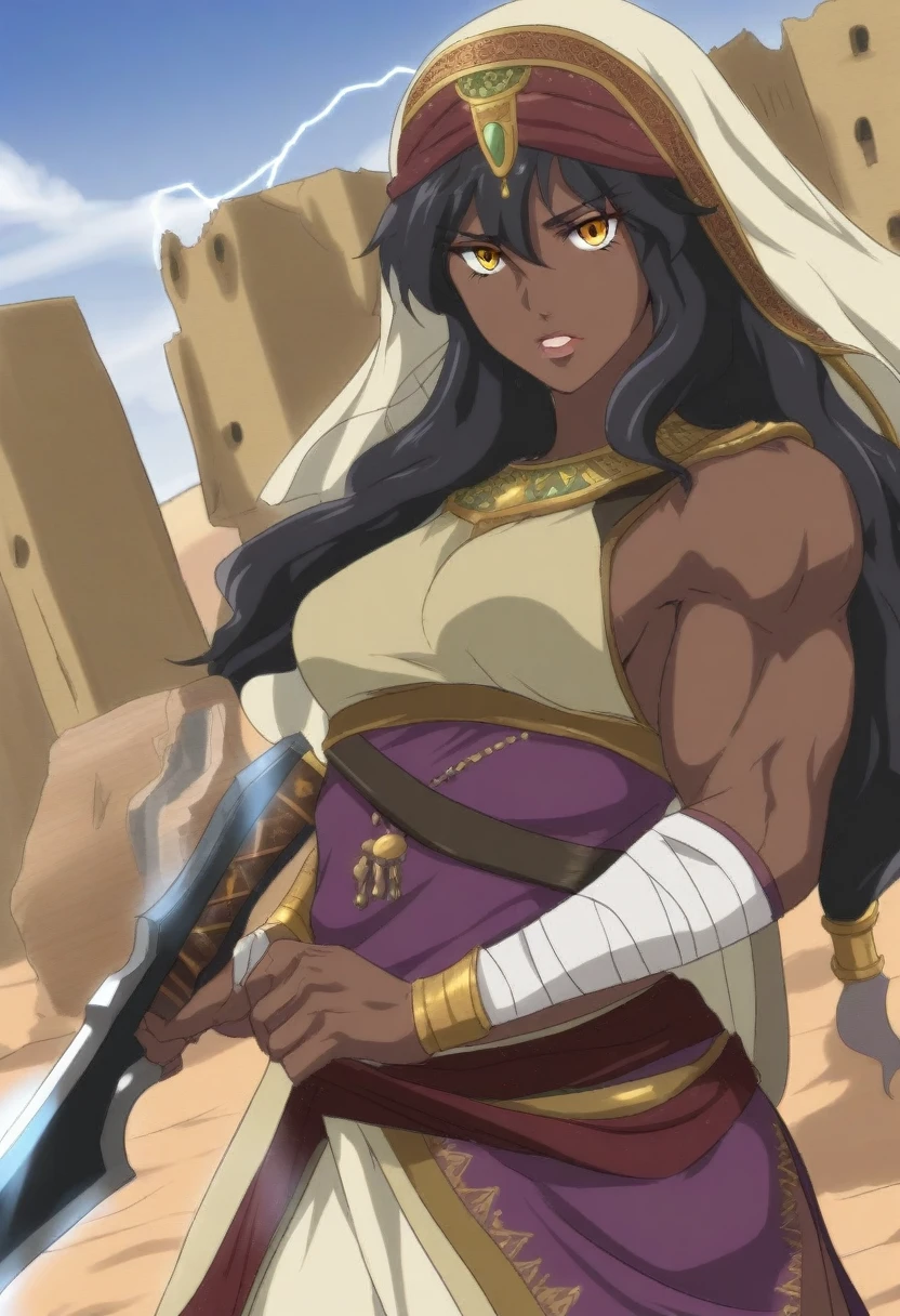 {{portrait, dutch angle}} {{Artist: Sincos}} 1girl, solo, toned female, mature female, medium breasts, black hair, long hair, chocolate skin, brown skin, muscular, amber eyes, sharp eyes, full lips, leather armour, purple clothing, Arabian clothing, desert clothing, holding glaive, outdoors, desert, ruins, looking at the viewer, standing, sunny, Middle Eastern Fantasy, day, lightning weapon, yellow lightning, glaive, arms wrapped in bandages, veil purple
