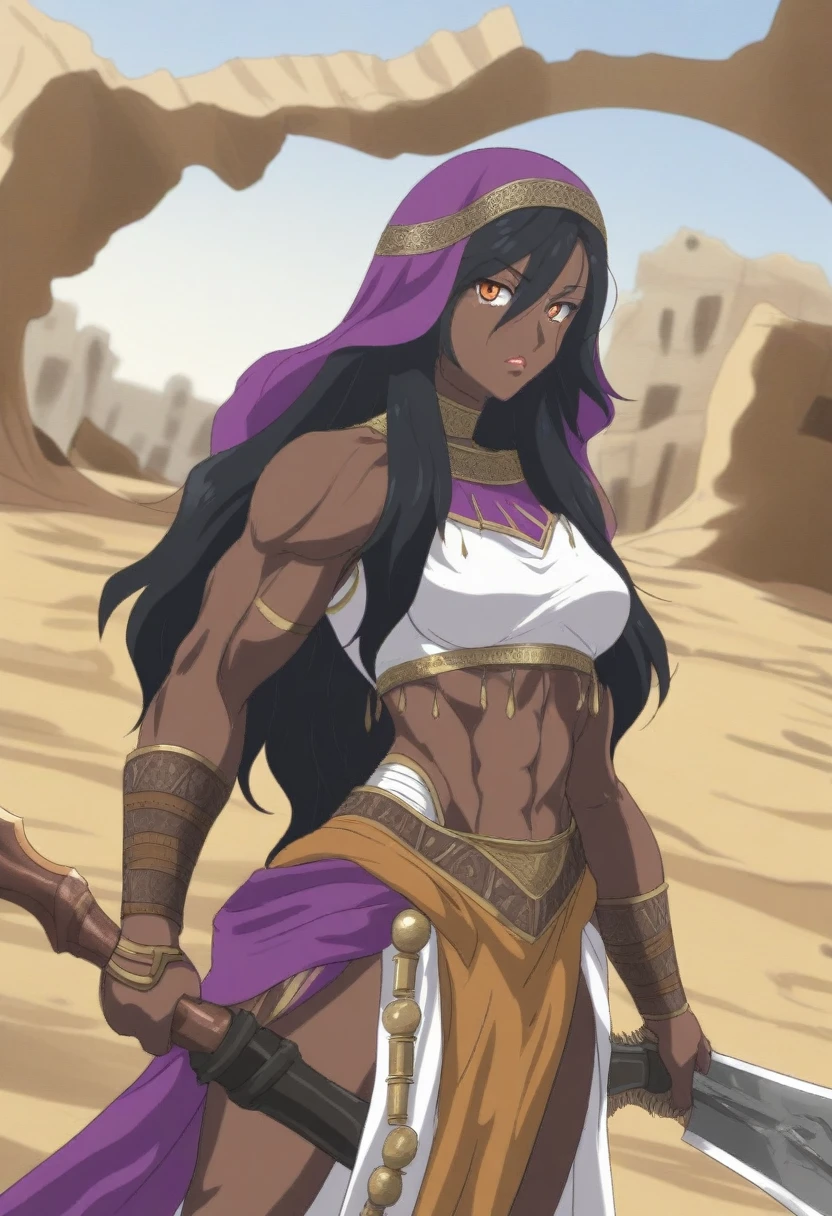 {{portrait, dutch angle}} {{Artist: Sincos}} 1girl, solo, toned female, mature female, medium breasts, black hair, long hair, chocolate skin, brown skin, muscular, amber eyes, sharp eyes, full lips, leather armour, purple clothing, Arabian clothing, desert clothing, holding glaive, outdoors, desert, ruins, looking at the viewer, standing, sunny, Middle Eastern Fantasy, day, lightning weapon, yellow lightning, glaive, arms wrapped in bandages, veil purple