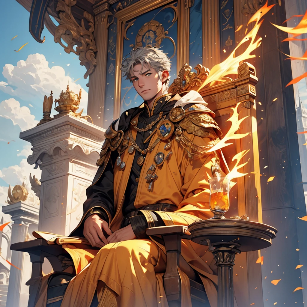 Attention to detail, Clarity, 8 kilometers, Throne of Fire, Young man, 18-year-old, Light grey hair, short hair, Yellow Eyes, Blue sky in the background, Walk up the flaming stairs to the heavens、To the throne before me, realism, Fantasy,