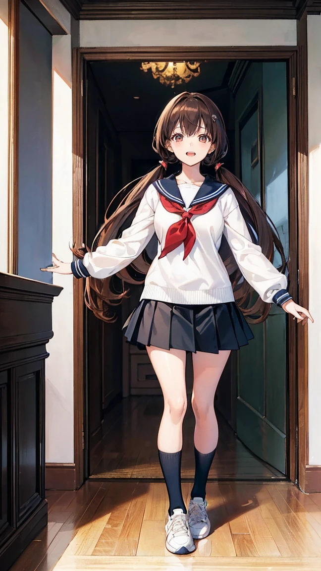 from front, upperbody,dsrise, brown hair, long hair, twintails, brown eyes, yasogami , serafuku, black thighhighs, 1girl, solo BREAK standing, school hallway, cinematic, game cg, anime screencap, official art, masterpiece, best quality